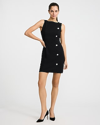 Boat Neck Sleeveless Asymmetrical Novelty Button Mini Dress