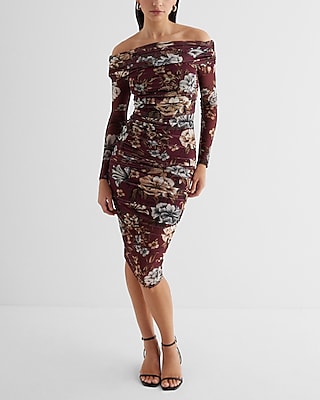 Body Contour Mesh Floral Off The Shoulder Ruched Midi Dress