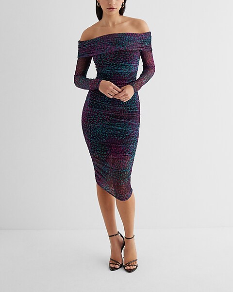 Body Contour Mesh Printed Off The Shoulder Ruched Midi Dress