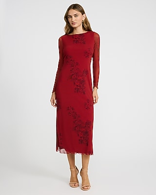 Floral Mesh Crew Neck Long Sleeve Midi Dress | Express