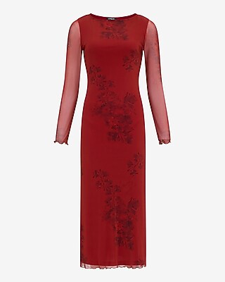 knee length dresses for ladies JIMENA RED RUCHED MESH LONG SLEEVE DRESS
