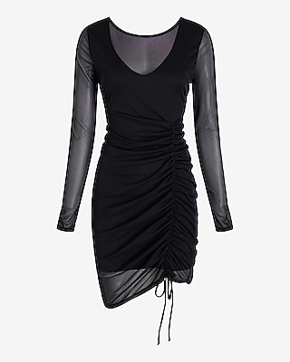 Mesh Long Sleeve Ruched Sheath Mini Dress