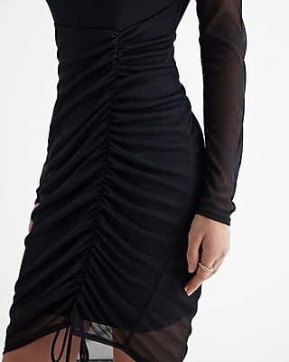 Mesh Long Sleeve Ruched Sheath Mini Dress