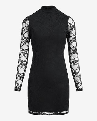 Lace Mock Neck Long Sleeve Open Back Mini Sheath Dress