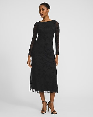 Velvet Floral Mesh Crew Neck Long Sleeve Midi Dress | Express