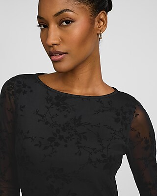 Velvet Floral Mesh Crew Neck Long Sleeve Midi Dress | Express