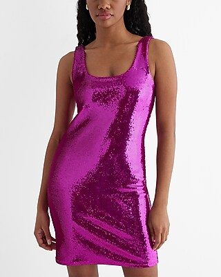 express pink sequin dress Body Contour Sequin Scoop Neck Mini Sheath Dress