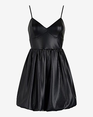Faux Leather V-Neck Mini Bubble Dress