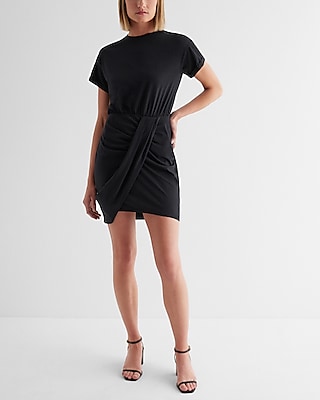 Crew Neck Short Sleeve Draped T-shirt Dress | Express