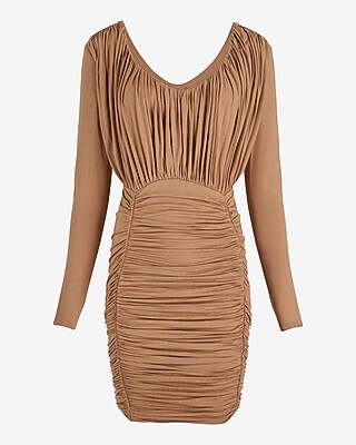 Shine V-Neck Long Sleeve Ruched Mini Sheath Dress