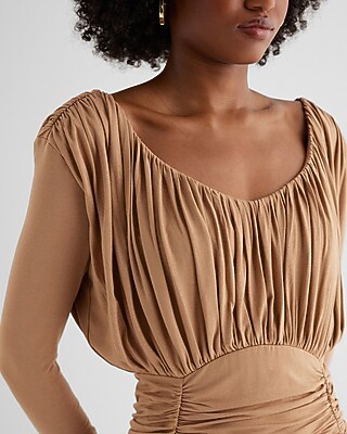 Shine V-Neck Long Sleeve Ruched Mini Sheath Dress