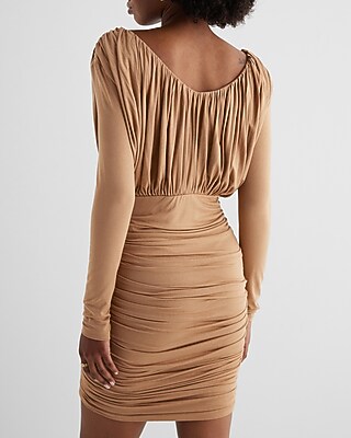 Shine V-Neck Long Sleeve Ruched Mini Sheath Dress