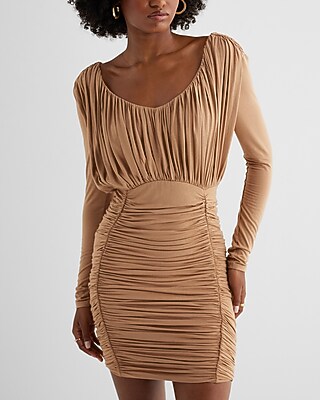 Shine V-Neck Long Sleeve Ruched Mini Sheath Dress