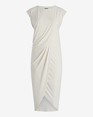 Crew Neck Cap Sleeve Ruched Draped Midi Sheath Dress | Express