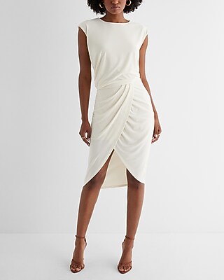 Crew Neck Cap Sleeve Ruched Draped Midi Sheath Dress | Express