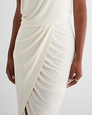crew neck cap sleeve ruched draped midi sheath dress Crew Neck Cap Sleeve Ruched Draped Midi Sheath Dress