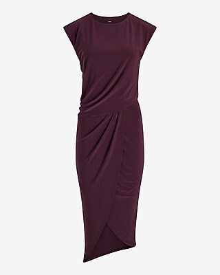 Crew Neck Cap Sleeve Ruched Draped Midi Sheath Dress