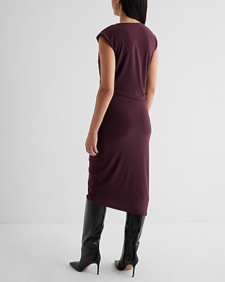 Crew Neck Cap Sleeve Ruched Draped Midi Sheath Dress