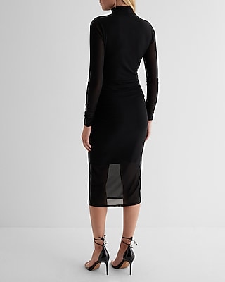 Mesh Mock Neck Long Sleeve Ruched Midi Dress | Express