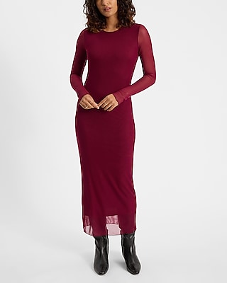 Mesh Crew Neck Long Sleeve Midi Dress