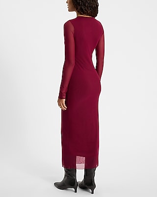 Mesh Crew Neck Long Sleeve Midi Dress