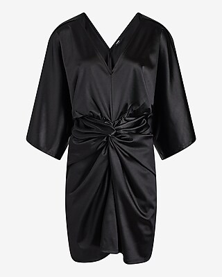 Satin V-neck Twist Front Mini Sheath Dress | Express