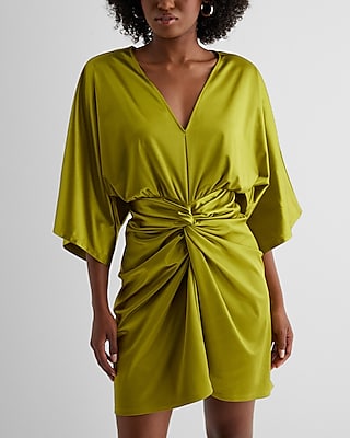 Satin V-Neck Twist Front Mini Sheath Dress