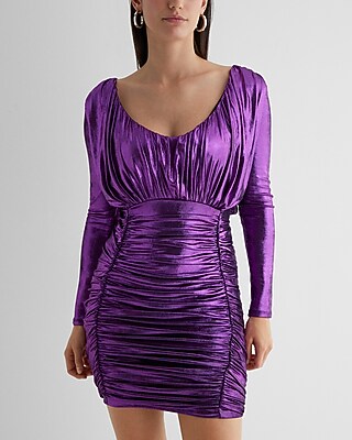 knee length dresses for ladies Metallic Knit Ruched Cowl-Back Mini Dress main image 0
