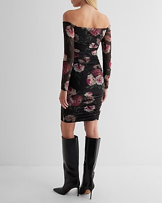 off shoulder ruched mesh bodycon dress Black Off Shoulder Ruched Mesh Bodycon Midaxi Dress