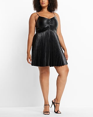 Faux Leather V-Neck Pleated Fit And Flare Mini Dress