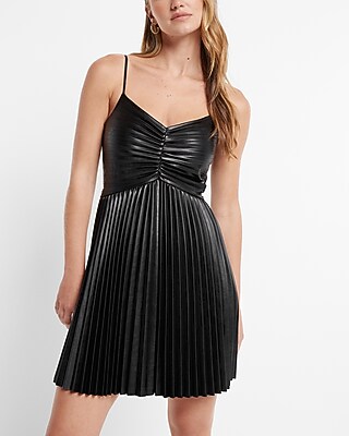 Faux Leather V-neck Pleated Fit And Flare Mini Dress | Express