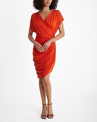 Pleated V-Neck Sheath Dress with Cape Sleeves Dusty Rose
