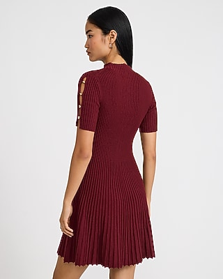 Mock Neck Novelty Hardware Keyhole Pleated Mini Sweater Dress