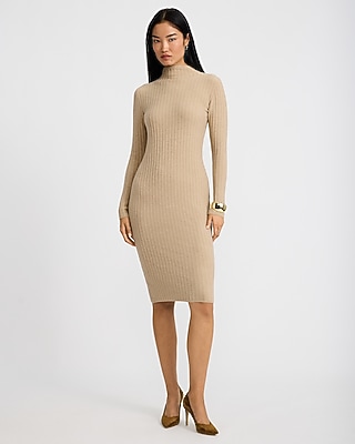 Ribbed Mock Neck Long Sleeve Midi Sweater Dress