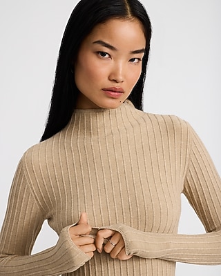 Ribbed Mock Neck Long Sleeve Midi Sweater Dress