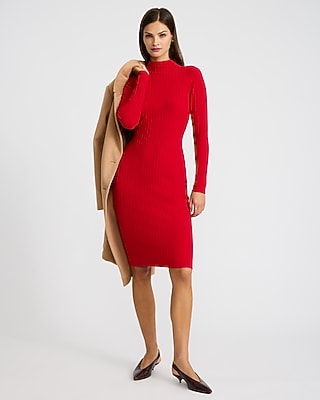 Ribbed Mock Neck Long Sleeve Midi Sweater Dress