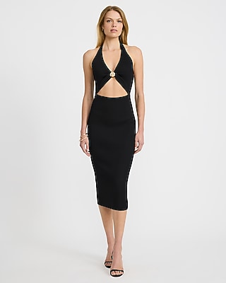 Express Women's Ribbed Halter V-Neck Hardware Cutout Sweater Midi Dress in Black Large