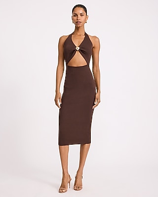 Ribbed Halter V-Neck Hardware Cutout Sweater Midi Dress