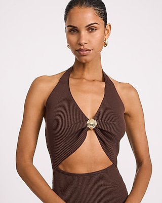 Ribbed Halter V-Neck Hardware Cutout Sweater Midi Dress