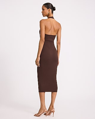 Ribbed Halter V-Neck Hardware Cutout Sweater Midi Dress