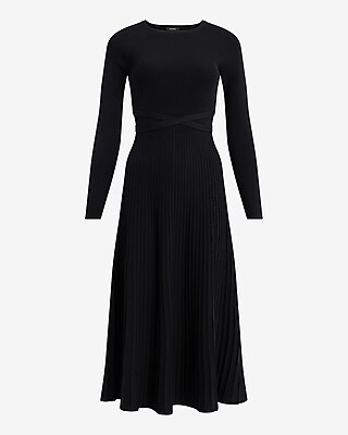 Pleated Crew Neck Long Sleeve Tie Waist Midi Sweater Dress