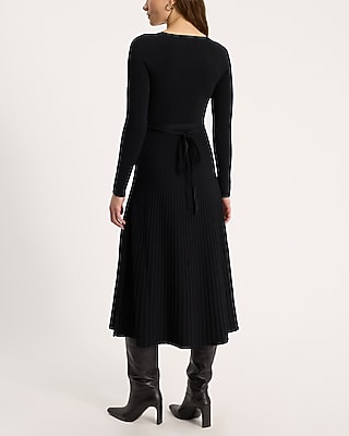 Pleated Crew Neck Long Sleeve Tie Waist Midi Sweater Dress