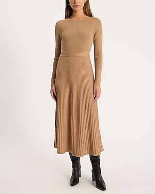 Pleated Crew Neck Long Sleeve Tie Waist Midi Sweater Dress