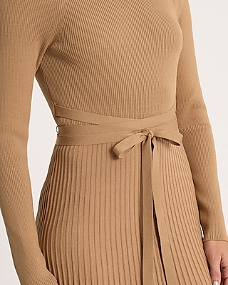 Pleated Crew Neck Long Sleeve Tie Waist Midi Sweater Dress