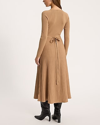 Pleated Crew Neck Long Sleeve Tie Waist Midi Sweater Dress