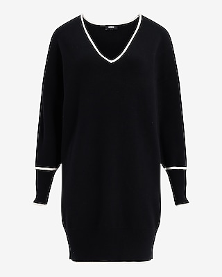 Tipped V-Neck Dolman Sleeve Mini Sweater Dress