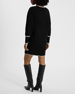 Tipped V-Neck Dolman Sleeve Mini Sweater Dress