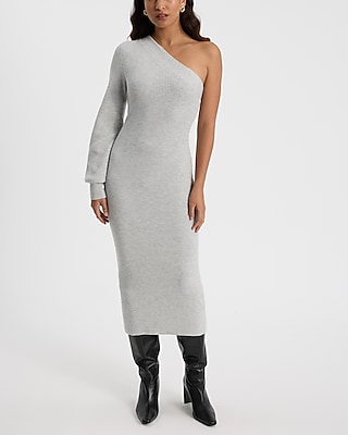 One Shoulder Long Sleeve Midi Sweater Dress