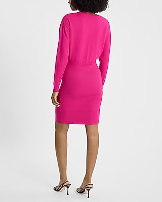 Ribbed Surplice Long Sleeve Mini Sweater Dress