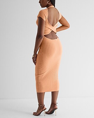 Ribbed Crew Neck Twist Open Back Midi Sweater Dress | Express